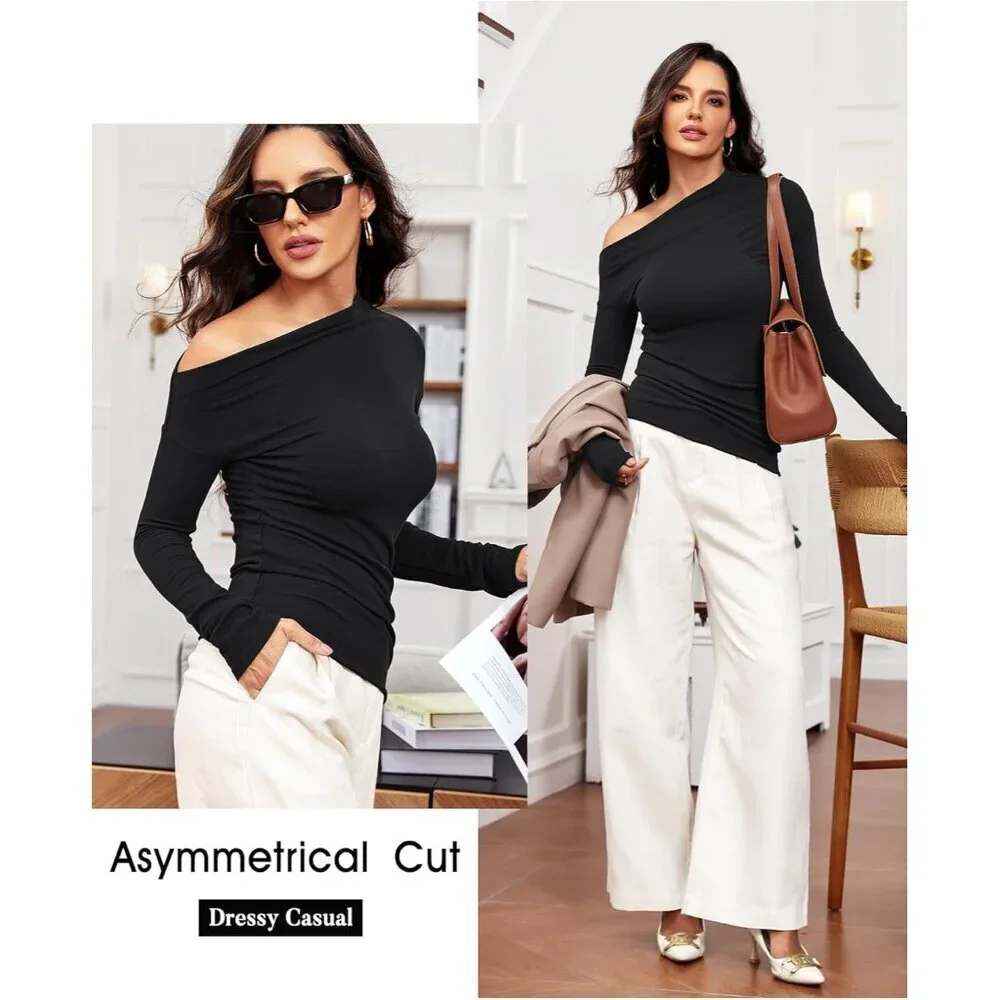 Women's Off Shoulder Top Long Sleeve Asymmetrical Slim Fit Fall Blouse - Picture 4 of 5
